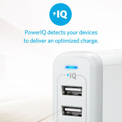 Front view of an Anker PowerPort 4 charger showing its illuminated LED indicator and an “PowerIQ” logo. Above it are texts reading as “PowerIQ detects your devices to deliver an optimized charge.”